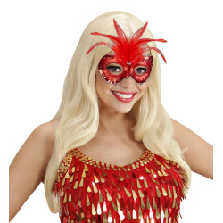 Červená maska s perím